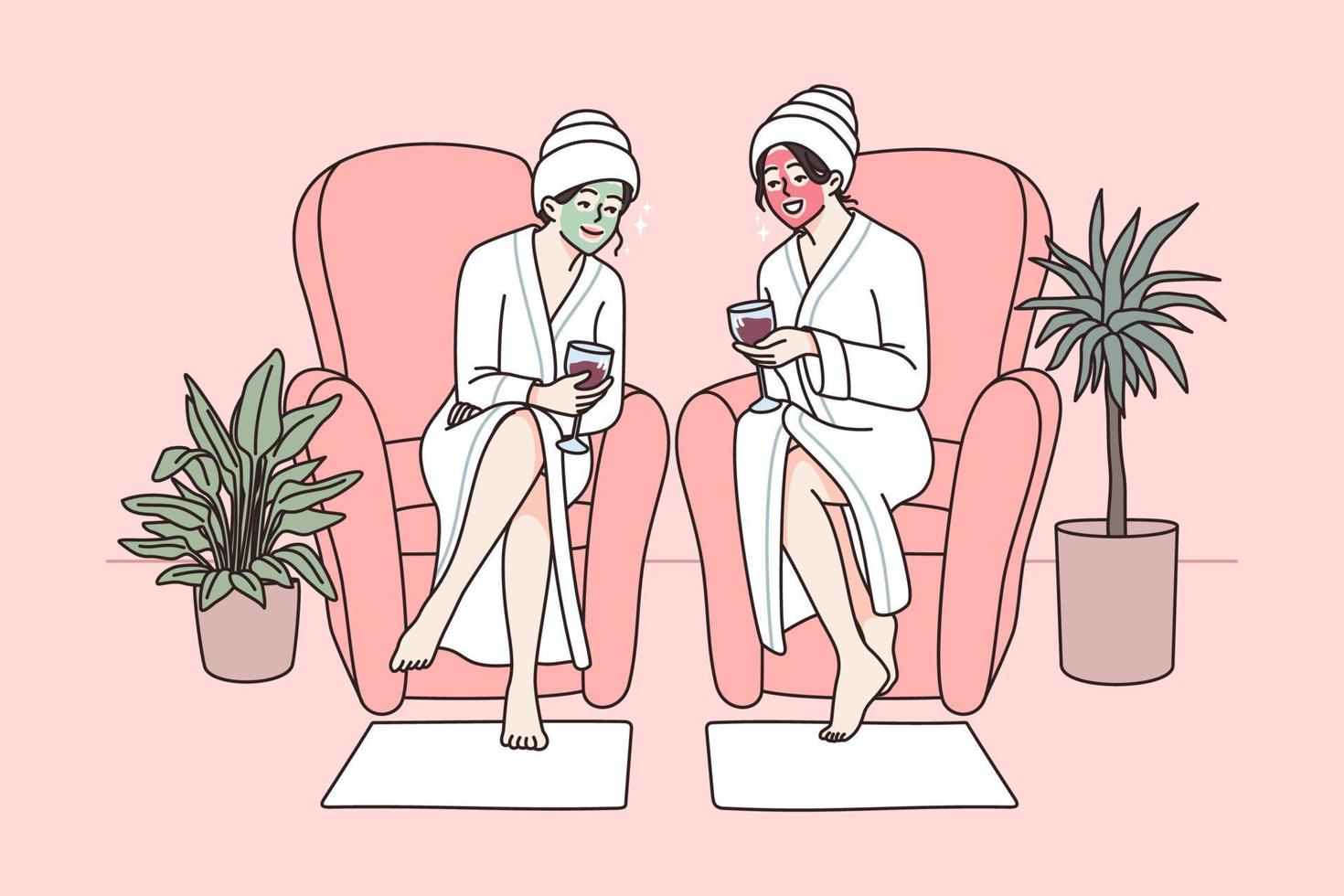 Happy young women in bathrobes drink wine relax in spa on weekend together. Smiling girls have beauty face procedures and body care treatment rest in saloon. Cosmetology. Vector illustration.