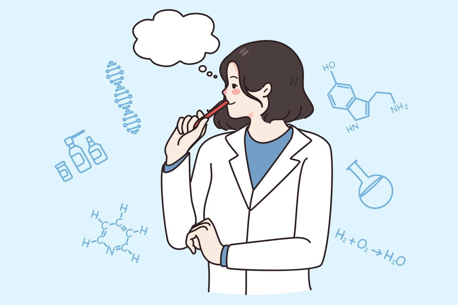 pensativo joven hembra científico en uniforme pensar de químico descubrimiento o investigación. mujer investigador o laboratorio trabajador idea genial desarrollar vacuna en contra enfermedad. medicina concepto. vector ilustración.