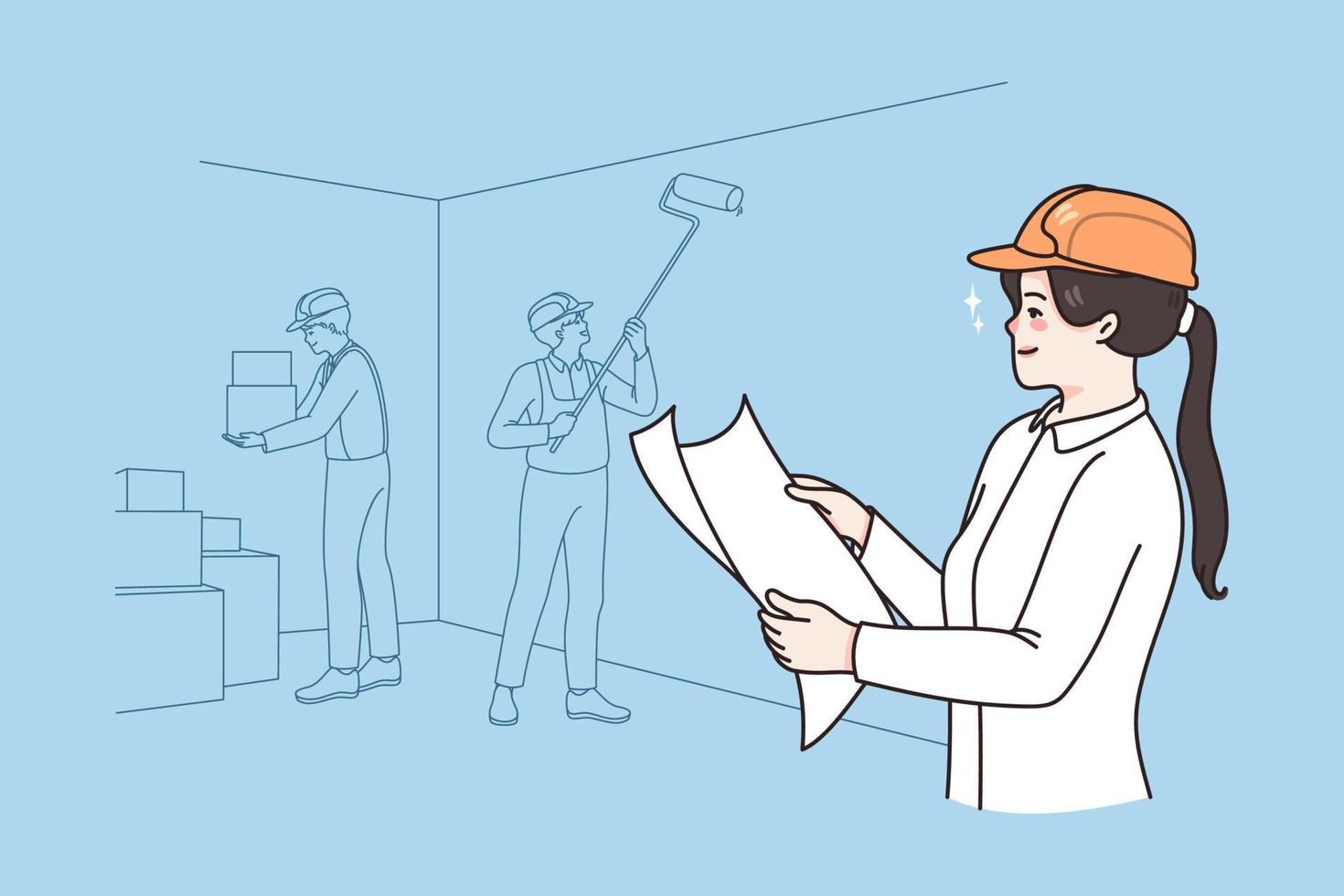 Woman architect with house plan control work on construction site. Female engineer or supervisor with paperwork manage workers team building object. Architecture concept. Vector illustration.