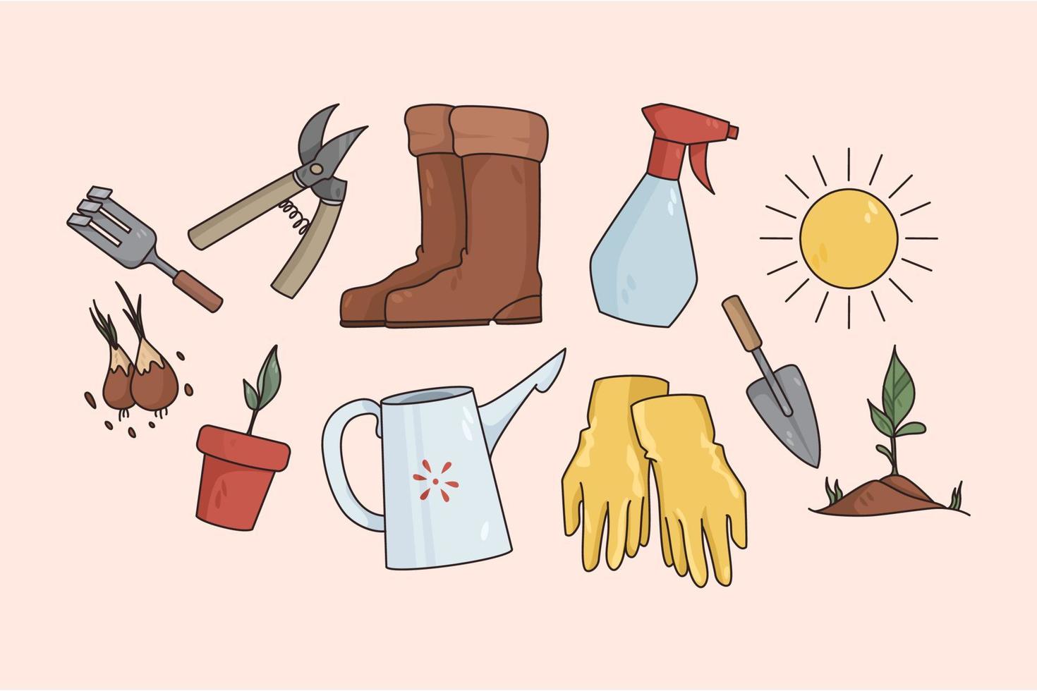 Set of colorful gardening tools for farm work vector