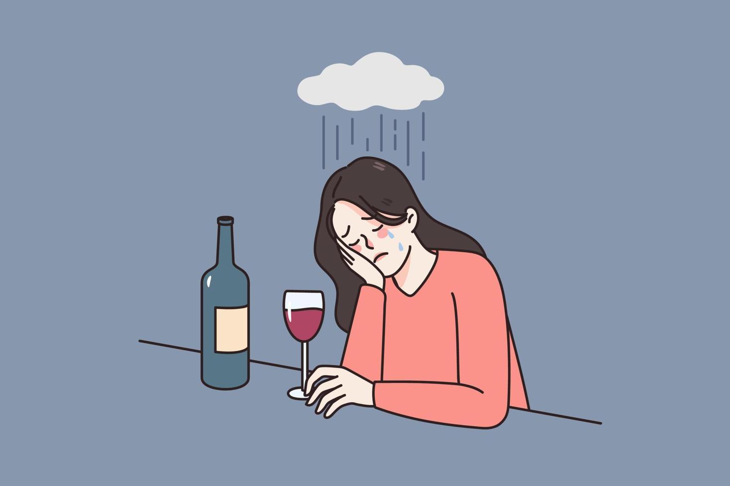 Distressed young woman suffer from depression drink wine have alcohol problems. Unhappy sad female alcoholic addict crying struggle with mental disorder need help. Flat vector illustration.