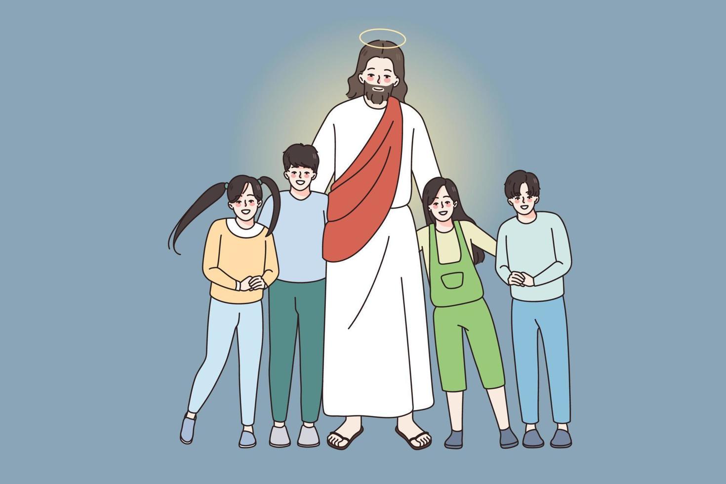 Happy Jesus hug cuddle small smiling children show love and care. Attentive Christ embrace little kids. Christianity religion. Faith and superstition concept. Vector illustration, cartoon character.