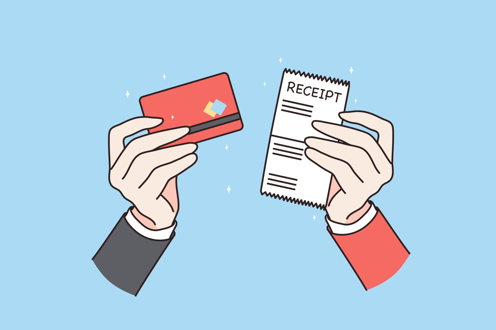 Man hold receipt and credit debit card make purchase in shop or store