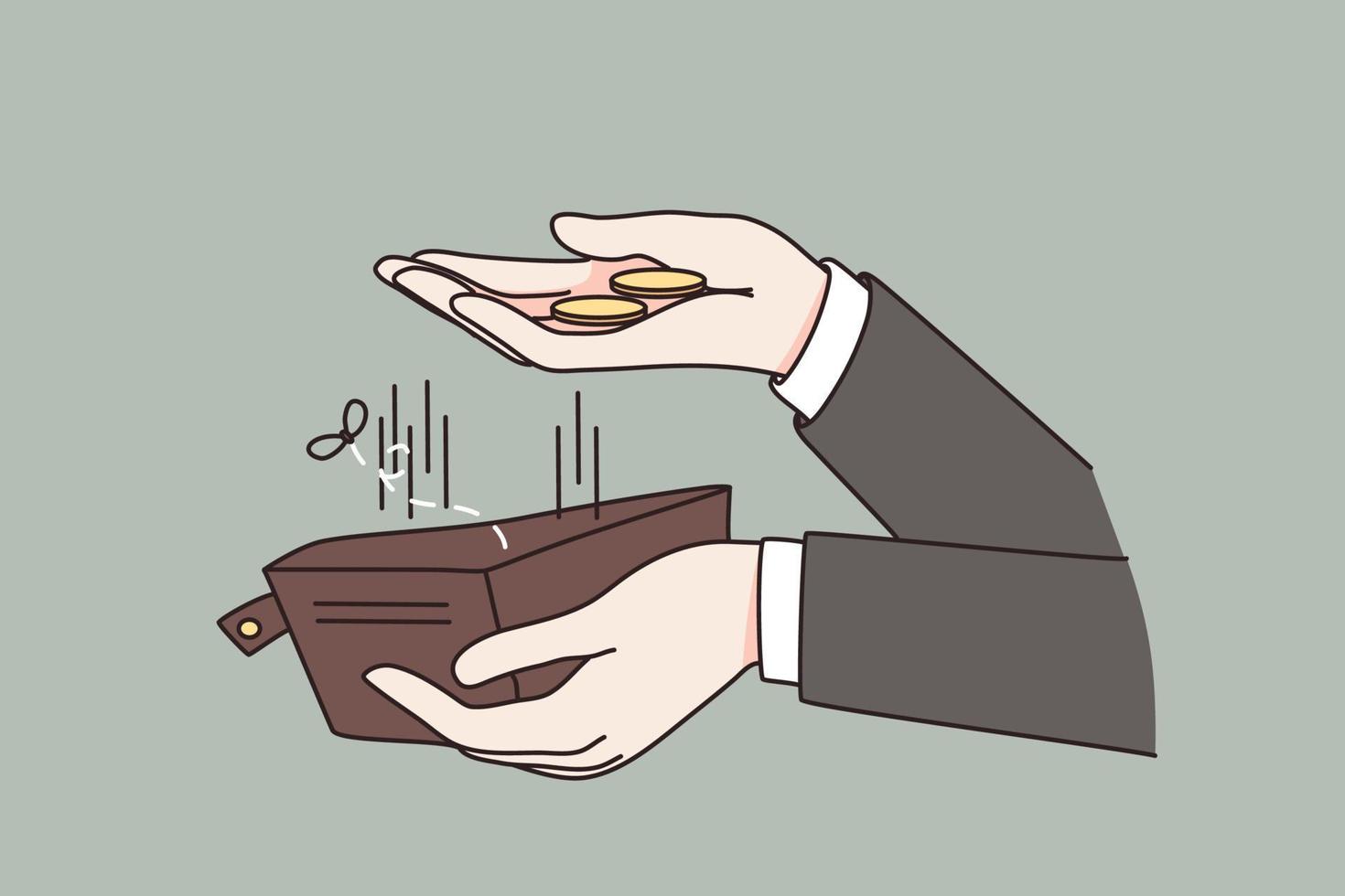 Man hold wallet count money coins suffer from bankruptcy. Male bankrupt with empty purse struggle with unemployment. Crisis and failure concept. Financial problem in life. Vector illustration.