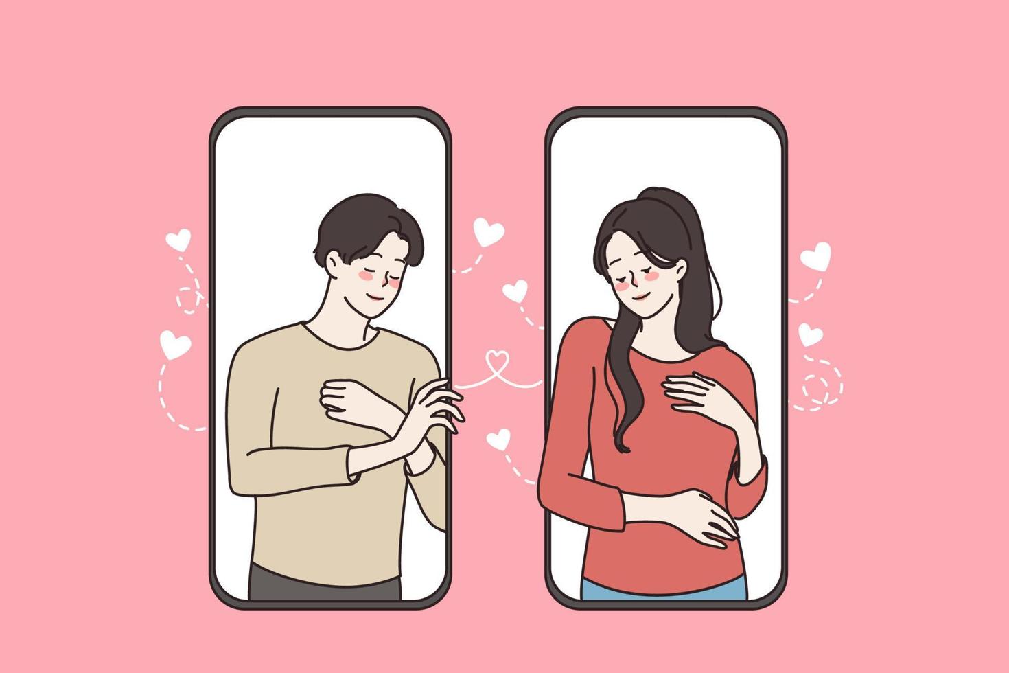 Online communication and quarantine concept. Young couple being isolated on quarantine practicing online social massage for couples from smartphones vector illustration