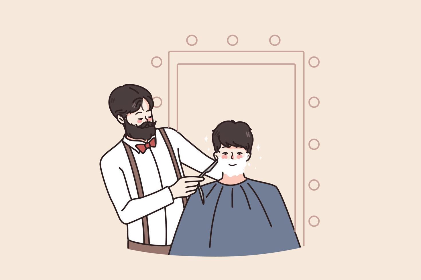 Man client get shaved in salon by hipster barber specialist. Smiling Caucasian guy have beard trimmed in barbershop or saloon. Male beauty procedures and hair care. Flat vector illustration.