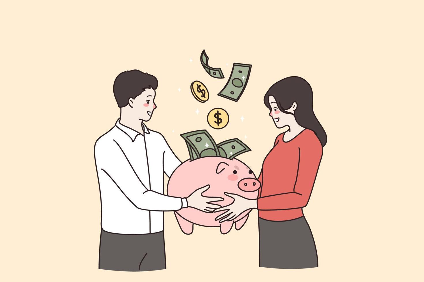 Family budget and savings concept. Young positive couple wife and husband standing holding piggybank with flying cash smiling feeling happy together with savings vector illustration