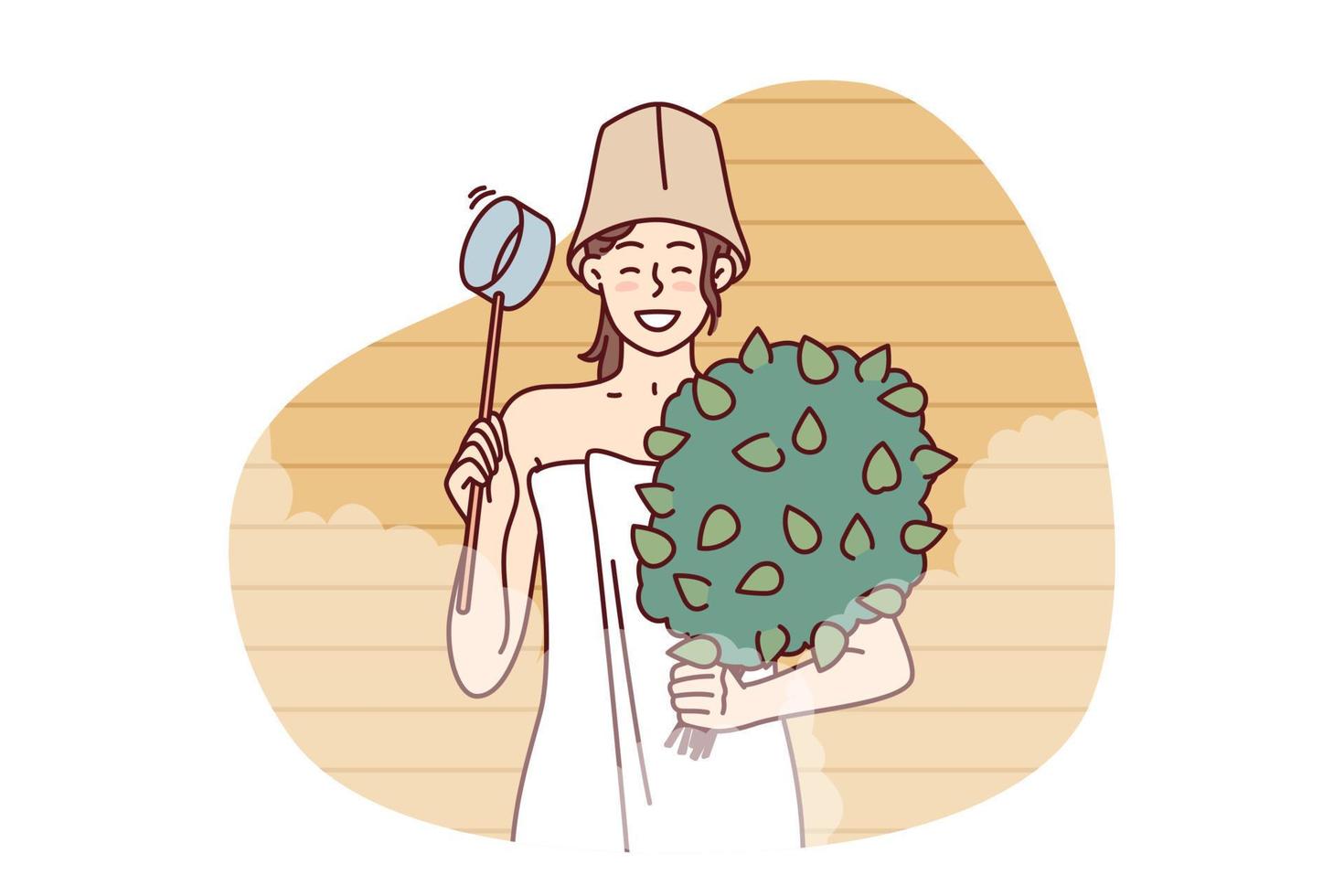 Girl stands in sauna with besom made of tree branches and ladle to adjust amount of steam during SPA procedures. Woman visiting Finnish sauna or hammam in spa center dressed in towel and hat vector