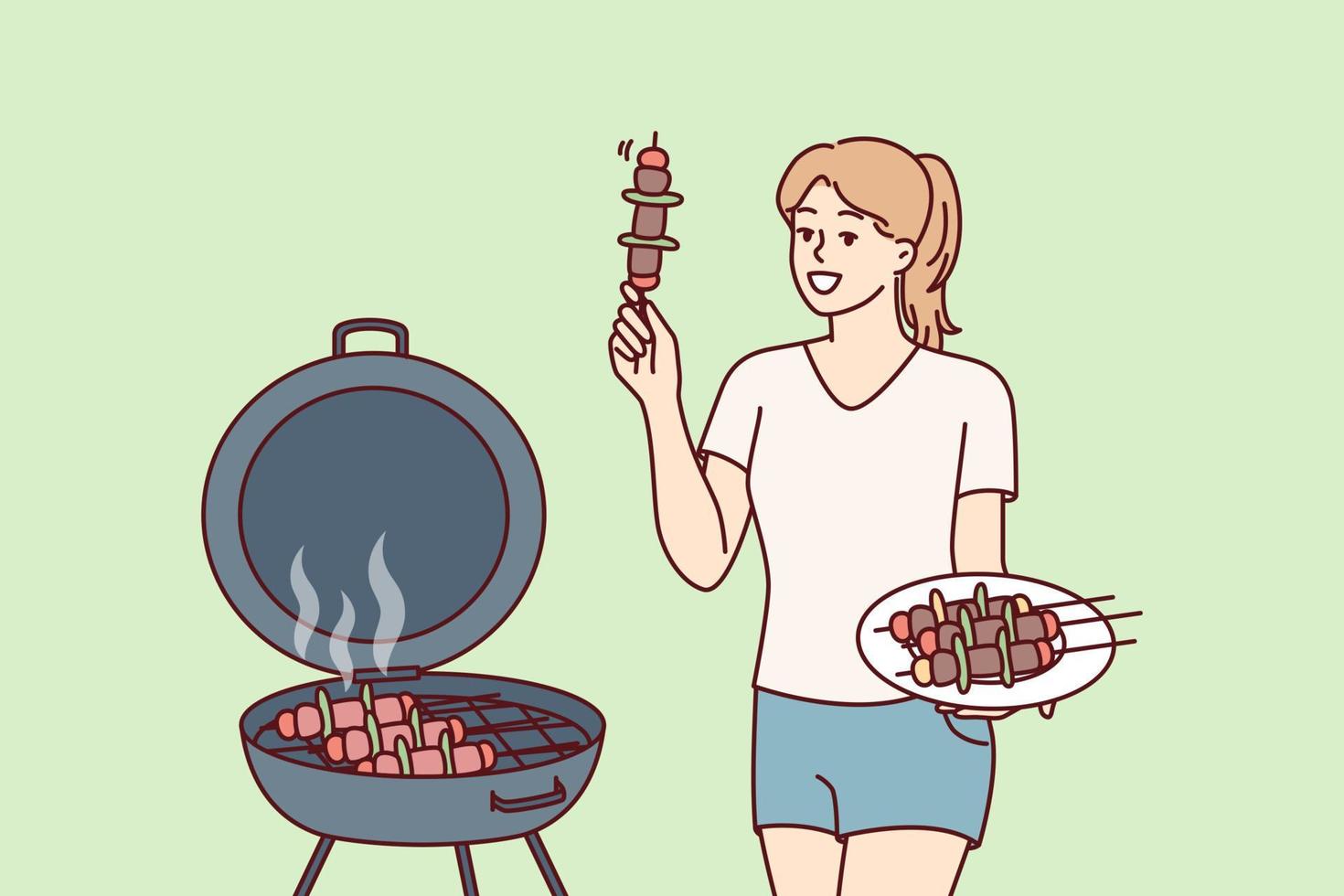 Woman barbecues on outdoor grill in backyard of home preparing for picnic party. Girl fries barbecues meat and BBQ vegetables on hot coals, wanting to get delicious snack with smell of smoke vector