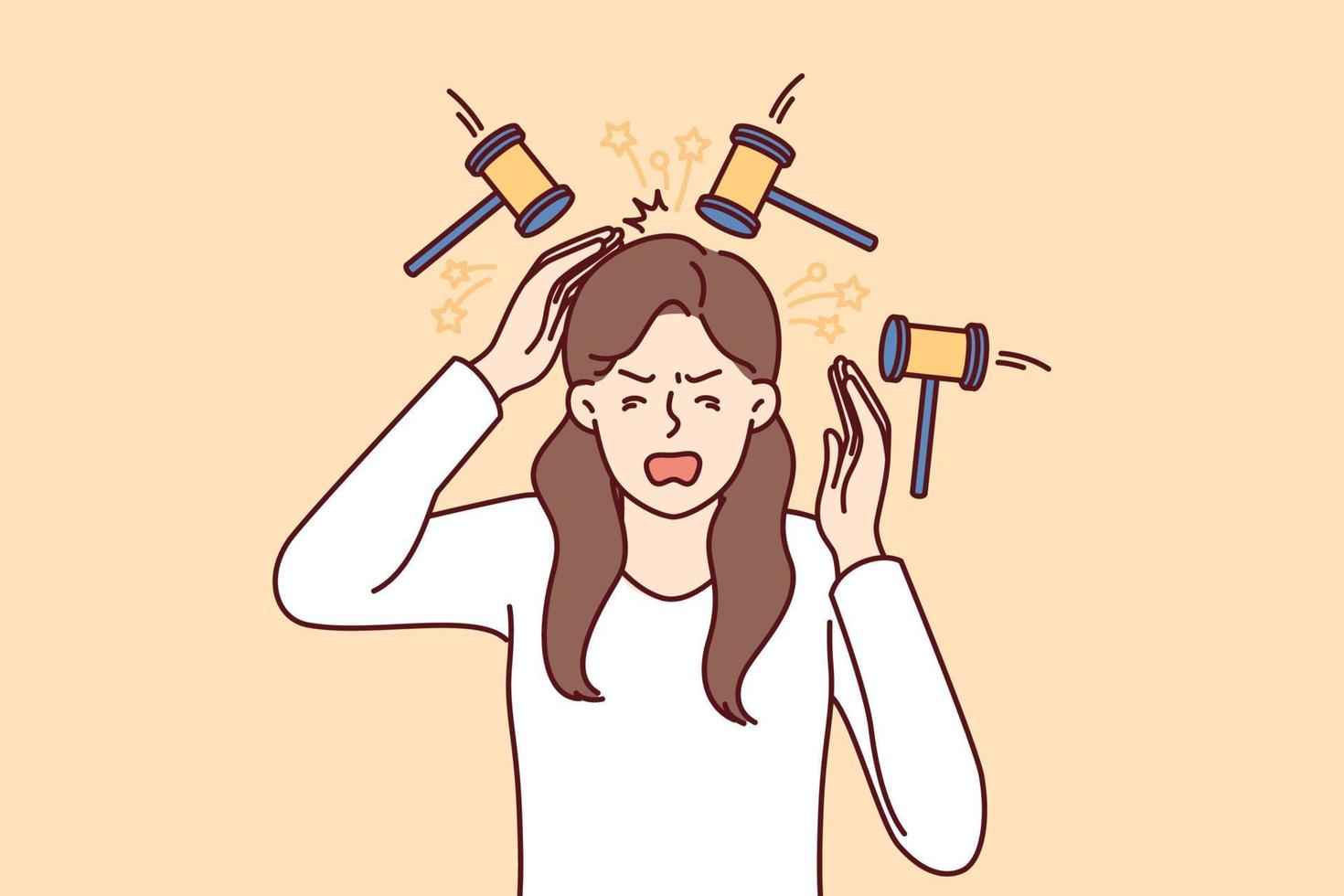 Upset woman experiencing headache standing among hammers symbolizing buzzing in ears or noise from neighbors. girl suffers from headache and needs medicines for migraine and other diseases vector