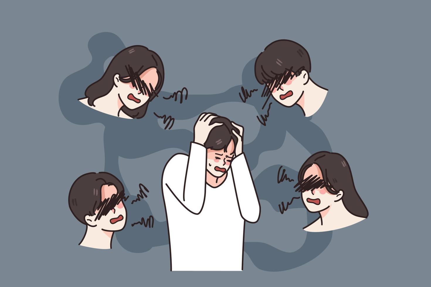 Stressed young man feel anxious suffer from bipolar disorder need medical help. Worried unhappy guy struggle with mental psychological problem or schizophrenia. Vector illustration.