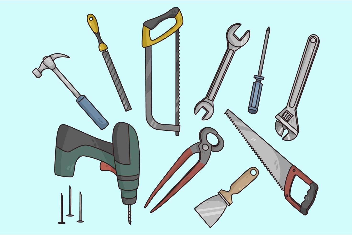 Colorful set of work tools for carpentry and woodwork vector