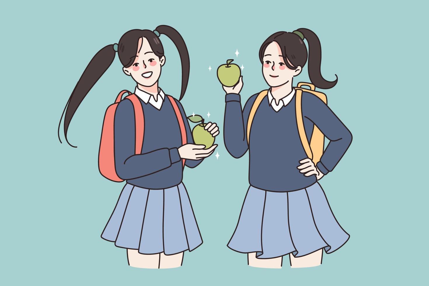 sonriente muchachas alumnos en colegio uniforme y mochilas teniendo almuerzo comiendo manzana. contento hembra estudiantes disfrutar descanso en Universidad o universidad. educación y aprendizaje concepto. plano vector ilustración.