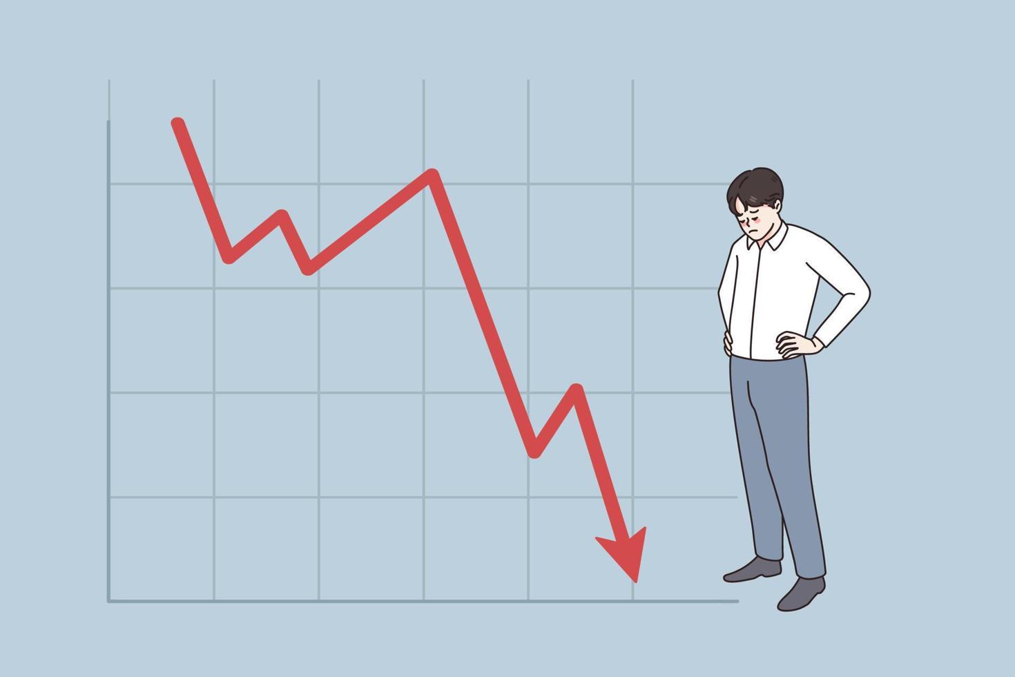 infeliz empresario estar cerca grafico yendo abajo afligido con negocio bancarrota o crisis. trastornado hombre empleado o trabajador estresado con malo financiero Estadísticas. plano vector ilustración.