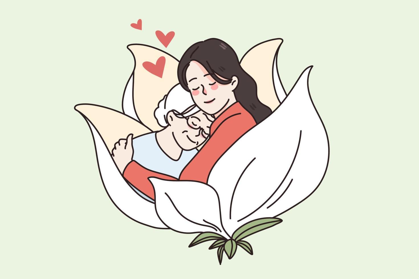 Young woman hug cuddle old mother show love and care. Happy millennial girl embrace comfort mature elderly grandmother. Geriatrics, good maturity concept. Flat vector illustration.
