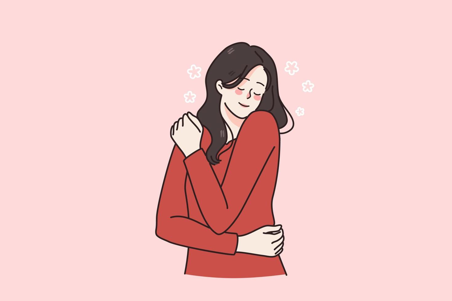 Happy young Caucasian woman hug herself feel secure and self-confident. Smiling millennial girl feel body positive enjoy optimistic leisure or weekend. Positivity concept. Flat vector illustration.