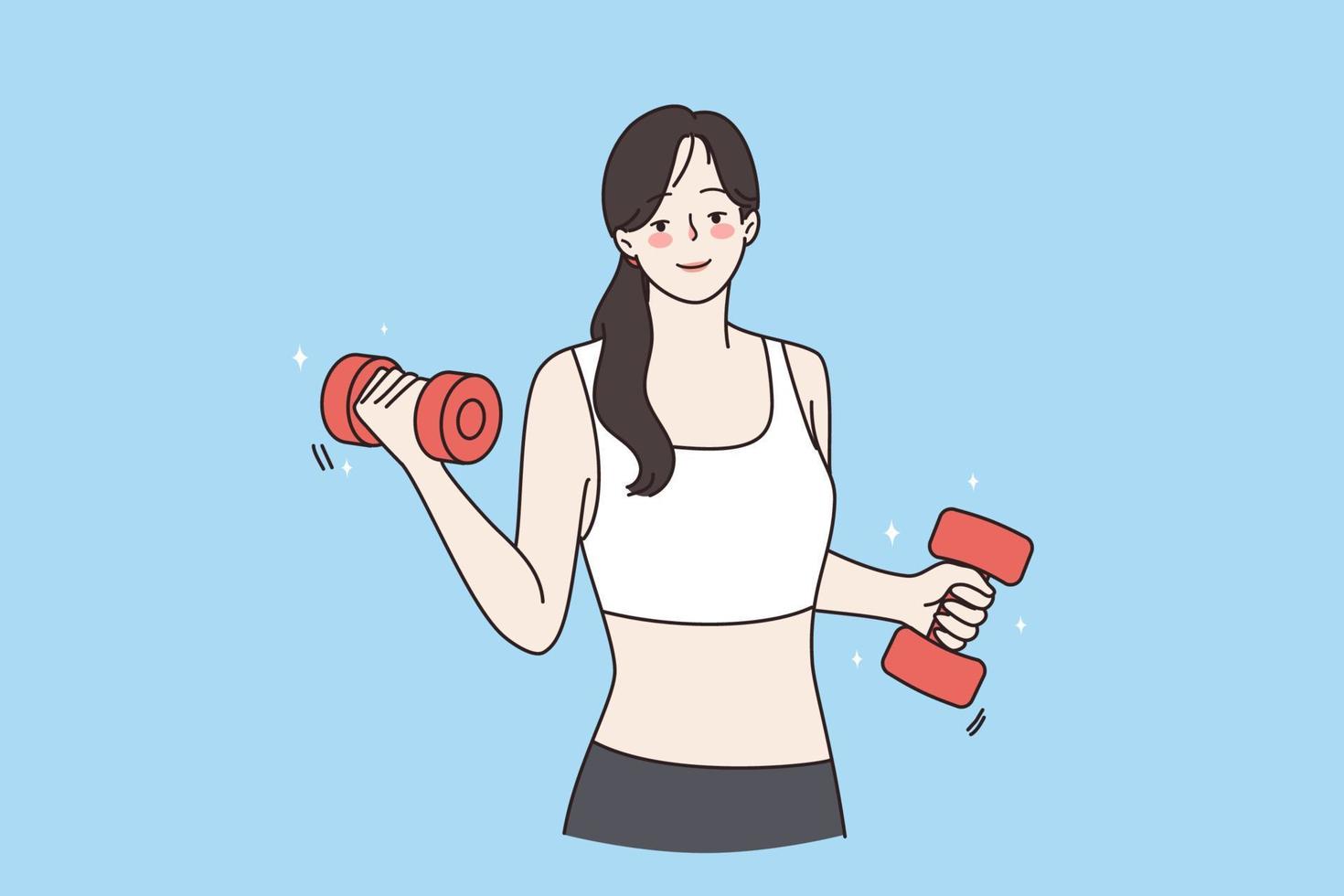 Healthy active lifestyle and sport concept. Young smiling sporty woman cartoon character in sportswear standing holding red dumbbels during workout vector illustration