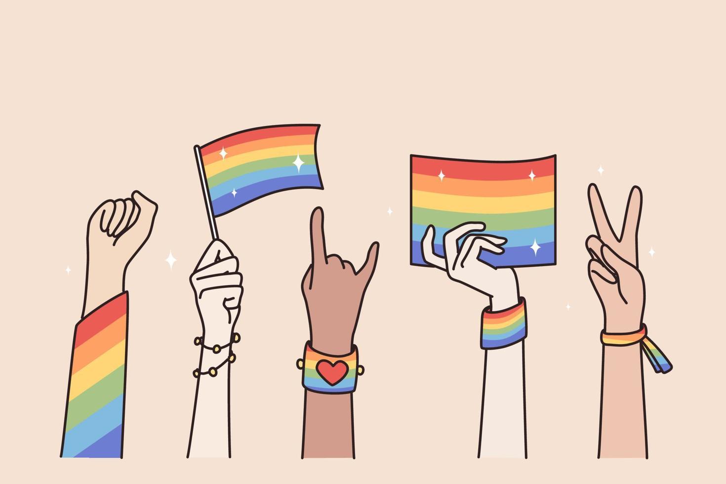 LGBT Pride Month holiday concept. Human hands gesturing waving with lgbt rainbow and transgender flag during parade vector illustration