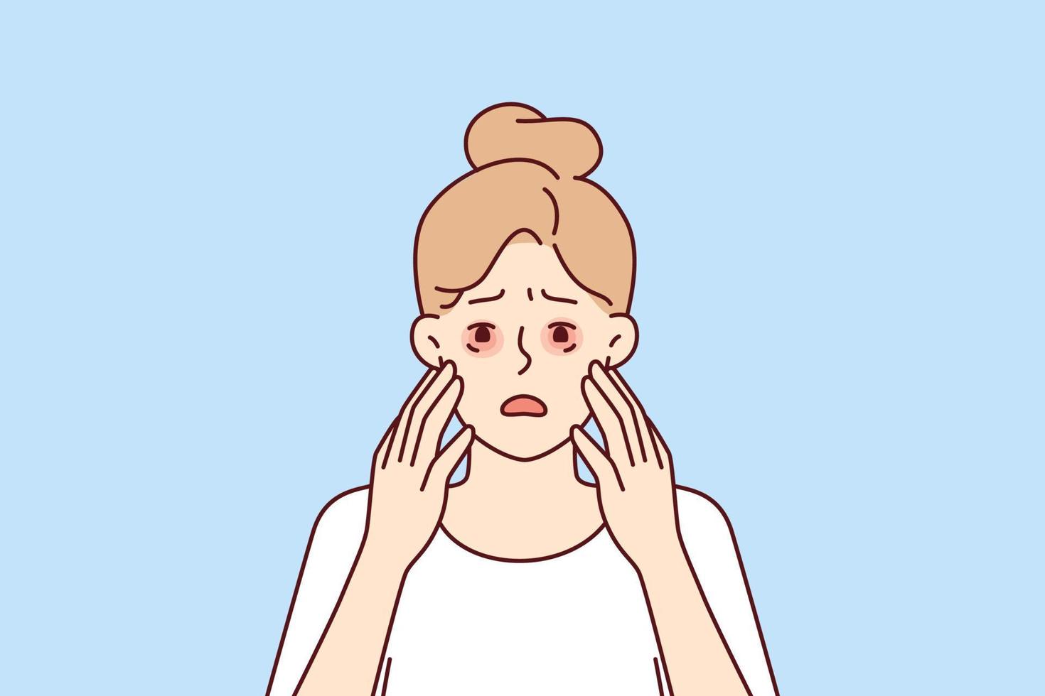Sad woman with dry reddened eyes due to irritation or allergic reaction caused by food or lack of sleep and rest. Sick girl with allergy symptoms needs to take medicines or use cosmetics vector