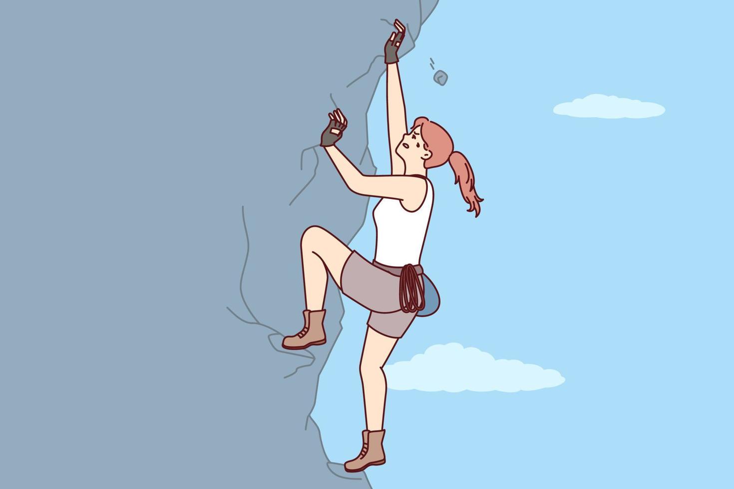Woman climbs steep cliff to conquer difficult peak without insurance and set new record. Purposeful female rock climber with extreme hobby climbs crag wanting to get new dose of adrenaline vector