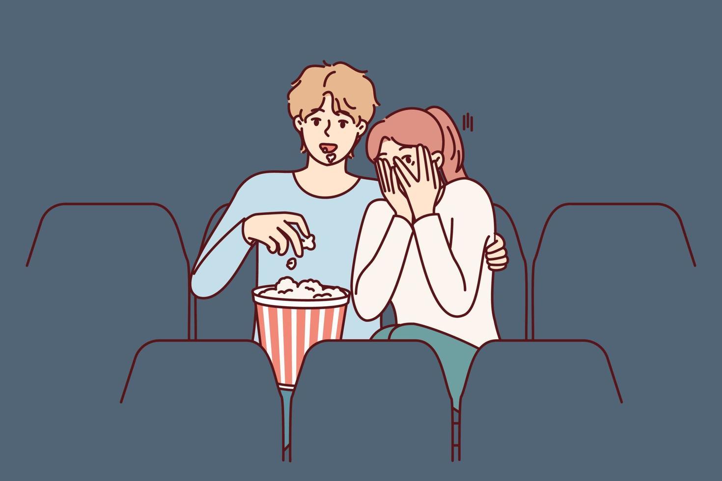 Guy and girl are watching horror movie in cinema and eating popcorn enjoying films about vampires. Fearful woman closes eyes with hands sitting in cinema near man watching horror movie with interest vector