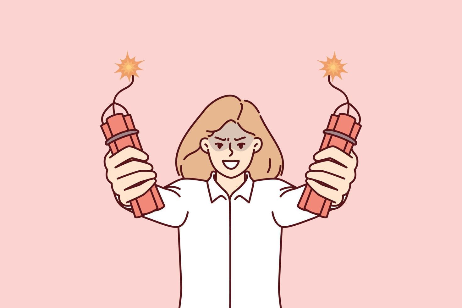 Angry businesswoman holding dynamite in hands threatening to make explosion because of poor performance company employees. Dynamite in hands of businesswoman symbolizes bad management and use threats vector