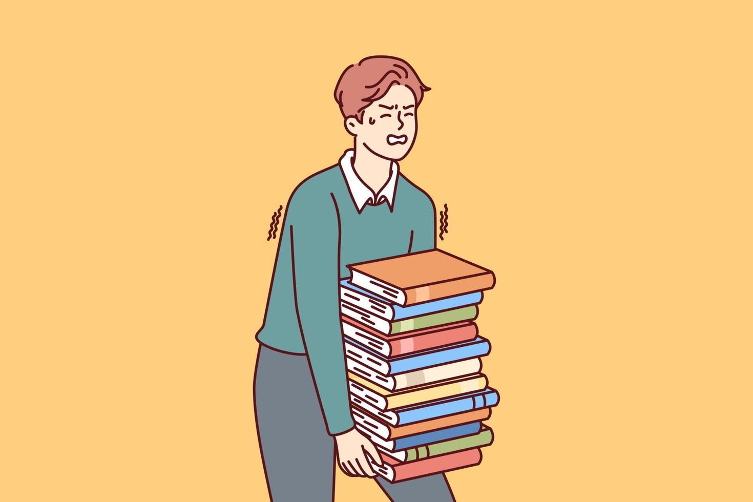 Exhausted man carries large stack of books suffering from overload while preparing for exams. Guy student who wants to go to college or university takes books and literature from library vector