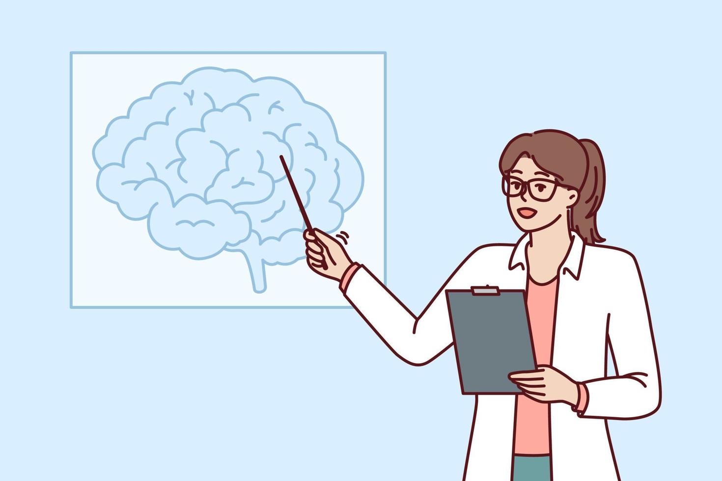 Woman doctor teaches neurology pointing at brain drawing hanging on wall during medical education course. Doctor neurologist shows picture of brain to ask colleagues for advice vector