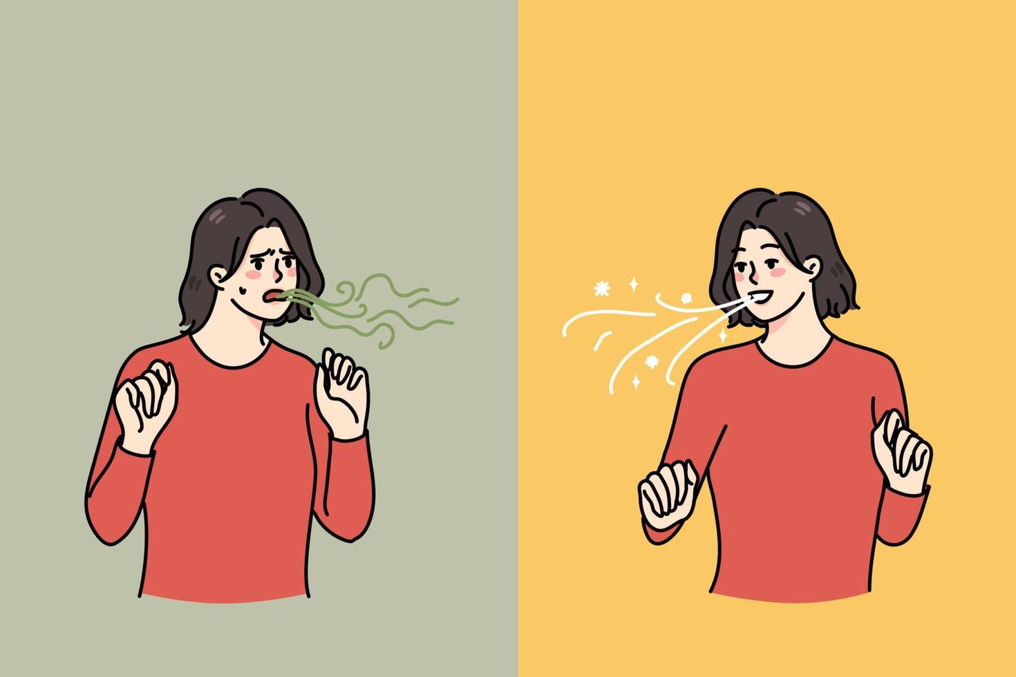 Young woman before and after good oralcare or tooth hygienic routine. Problem of bad breath. Girl clean wash teeth for mouth freshness. Dental hygiene and care. Flat vector illustration.