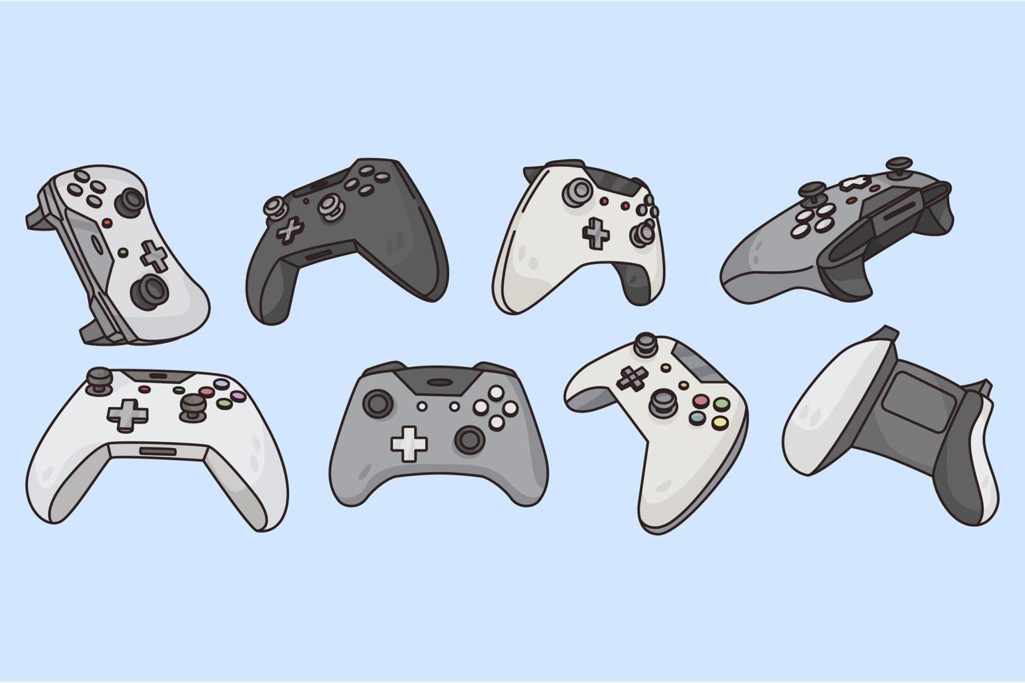 Set of various game controllers. Collection of old and modern gamepads for computer video gaming. Playing console and PC internet applications. Devices and gadgets. Flat vector illustration.