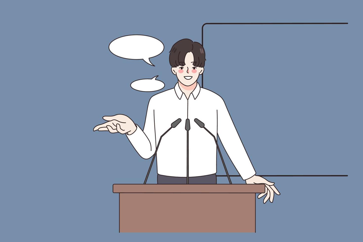 Confident young businessman talk present at business seminar. Successful man speaker or coach speak at educational training or course. Public presentation. Education. Flat vector illustration.