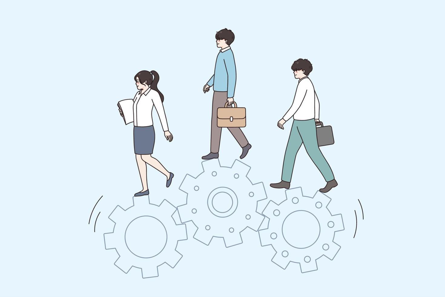 gente de negocios caminar en engranaje ruedas o diente trabajo juntos cooperar para compartido negocio objetivo o éxito. diverso empleados involucrado en trabajo en equipo trabajo en equipo, empresa unidad. plano vector ilustración.