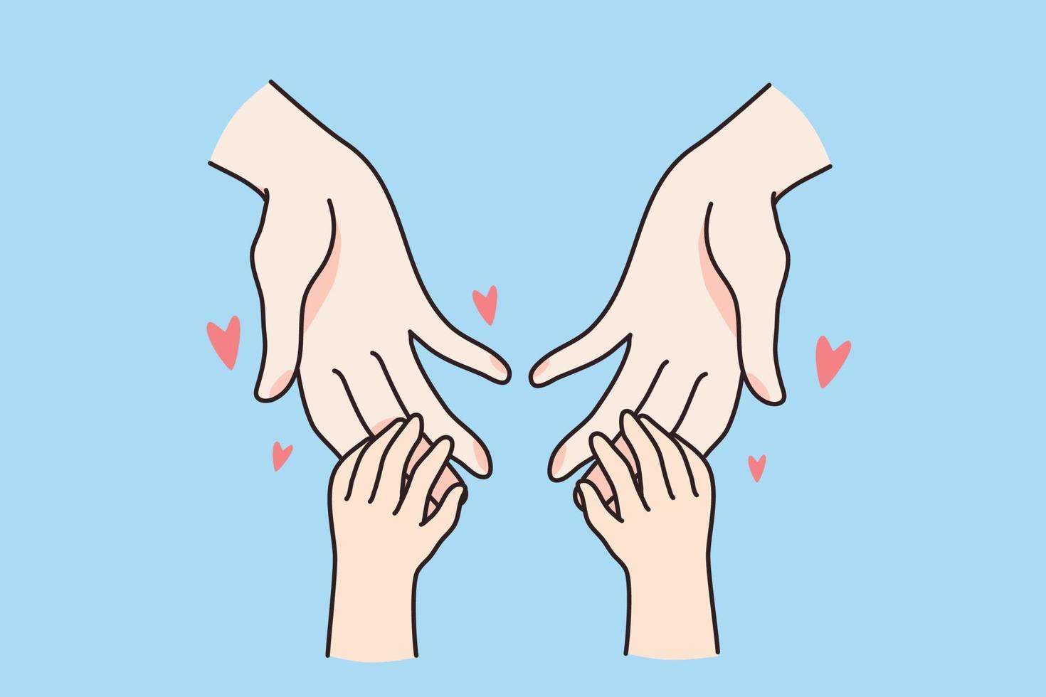 Close up of loving mother hold hands of small kid child show care and support. Little baby son or daughter united with mom feel grateful. Family bond and unity. Motherhood. Vector illustration.