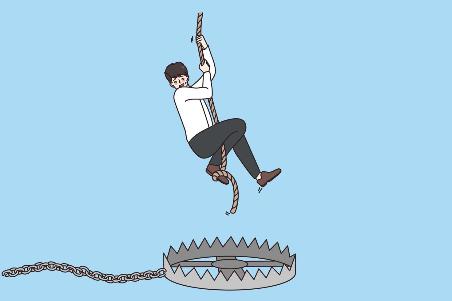 Scared businessman hang on rope stressed frustrated fall into trap. Male employee engaged in risky business startup or project. Financial risk and investment. Vector illustration, cartoon character.