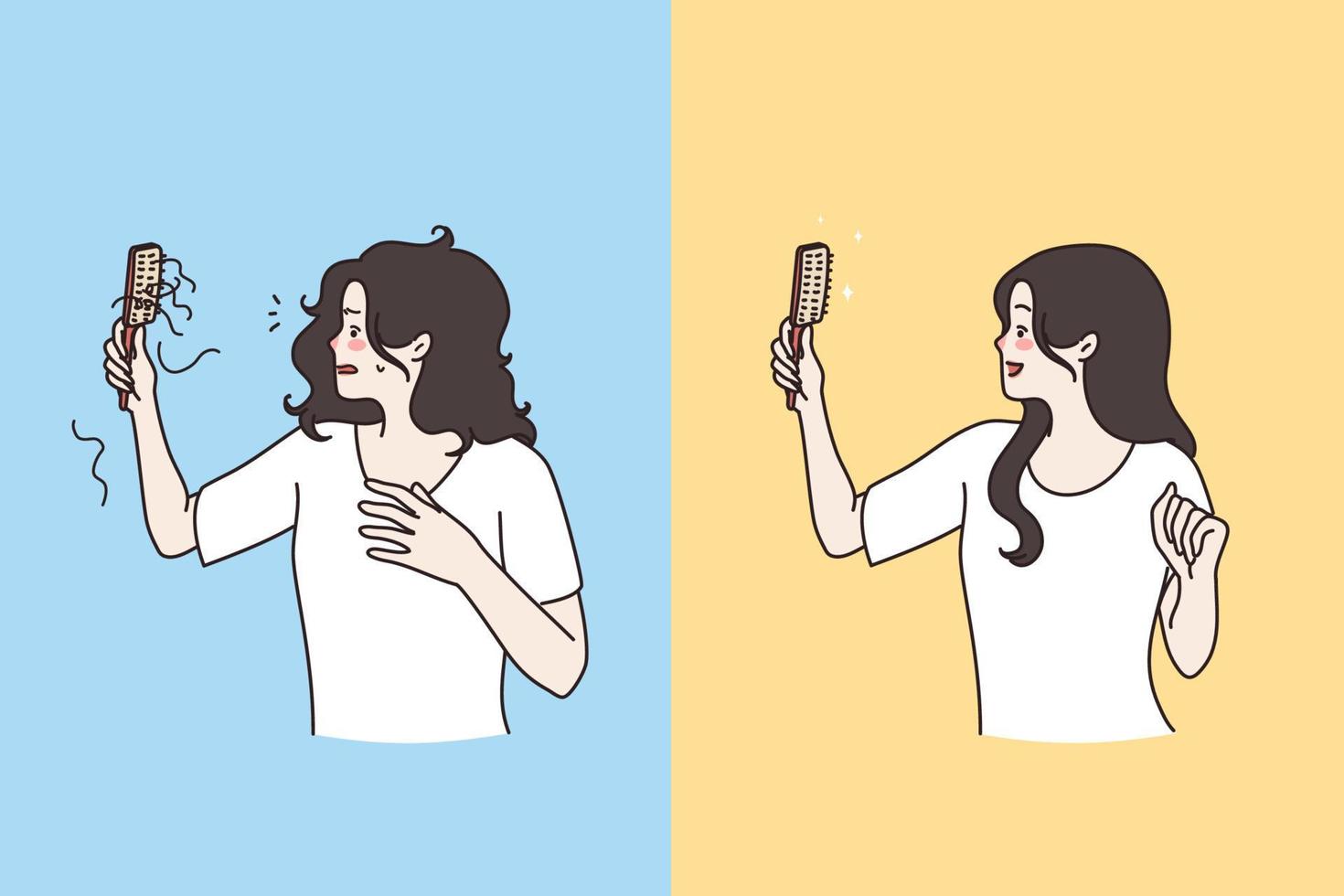 pelo problemas, alopecia y calvicie concepto. joven mujer participación con peine en mano con mucho pelo en eso sensación estresado y limpiar peine sensación contento vector ilustración