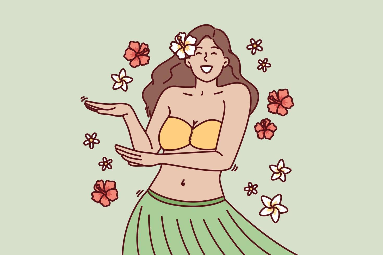 hermosa niña en exótico atuendo bailes hula relajante a hawaiano recurso o tema fiesta en Club nocturno. mujer con flor en pelo realiza hawaiano danza a saludar turistas visitando tropical isla vector