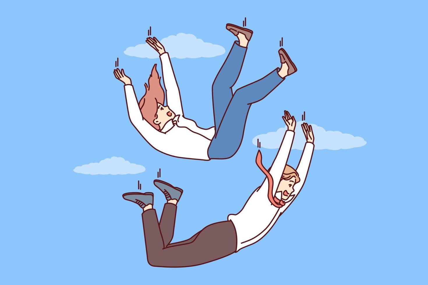 Man and woman in business clothes fall down for concept of employees in corporation or job loss. Colleagues falling among clouds symbolizes recession that caused problems in business and bankruptcy vector