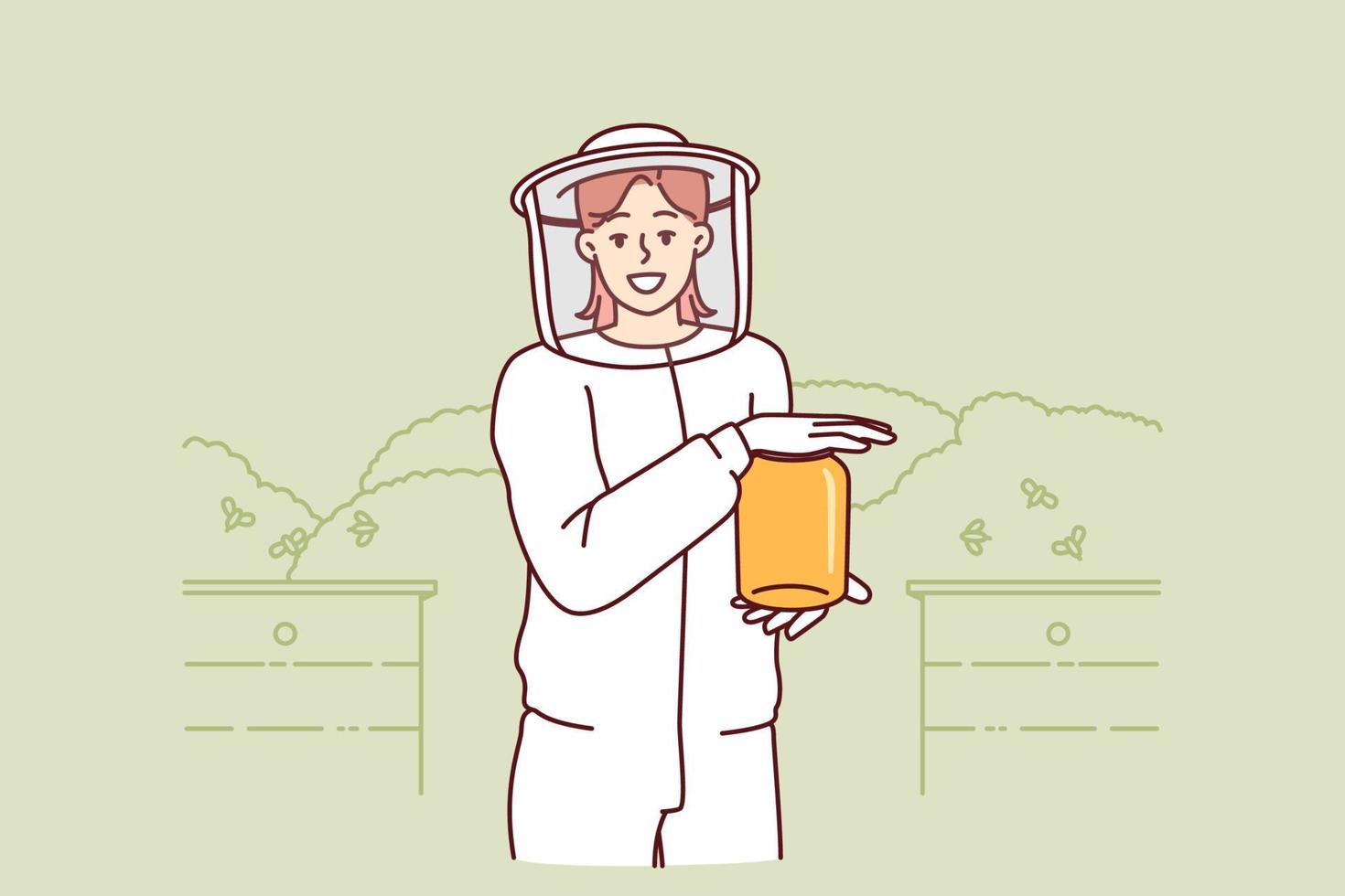 Young woman beekeeper in protective uniform holding jar of honey standing in apiary among flying bees. Girl farmer breeds bees in garden getting organic honey for sale at fair of ecological products vector