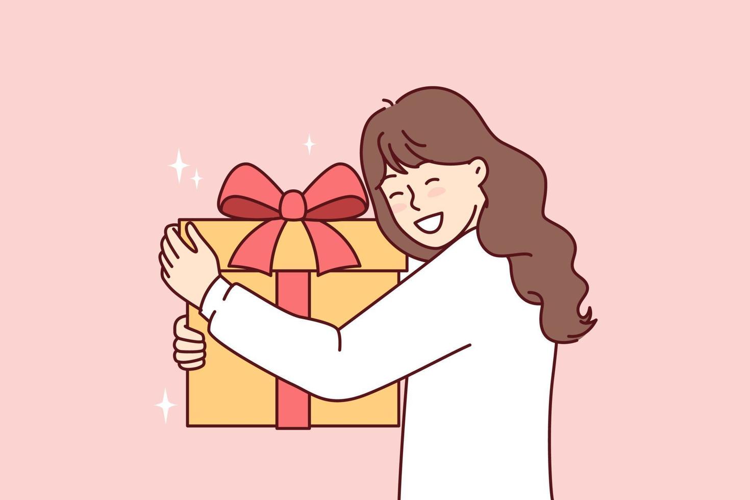 Teenage girl with big gift box with red ribbon smiling overjoyed at unexpected surprise from parents or friends. Positive child is happy to receive gift in honor of birthday or Christmas Eve vector