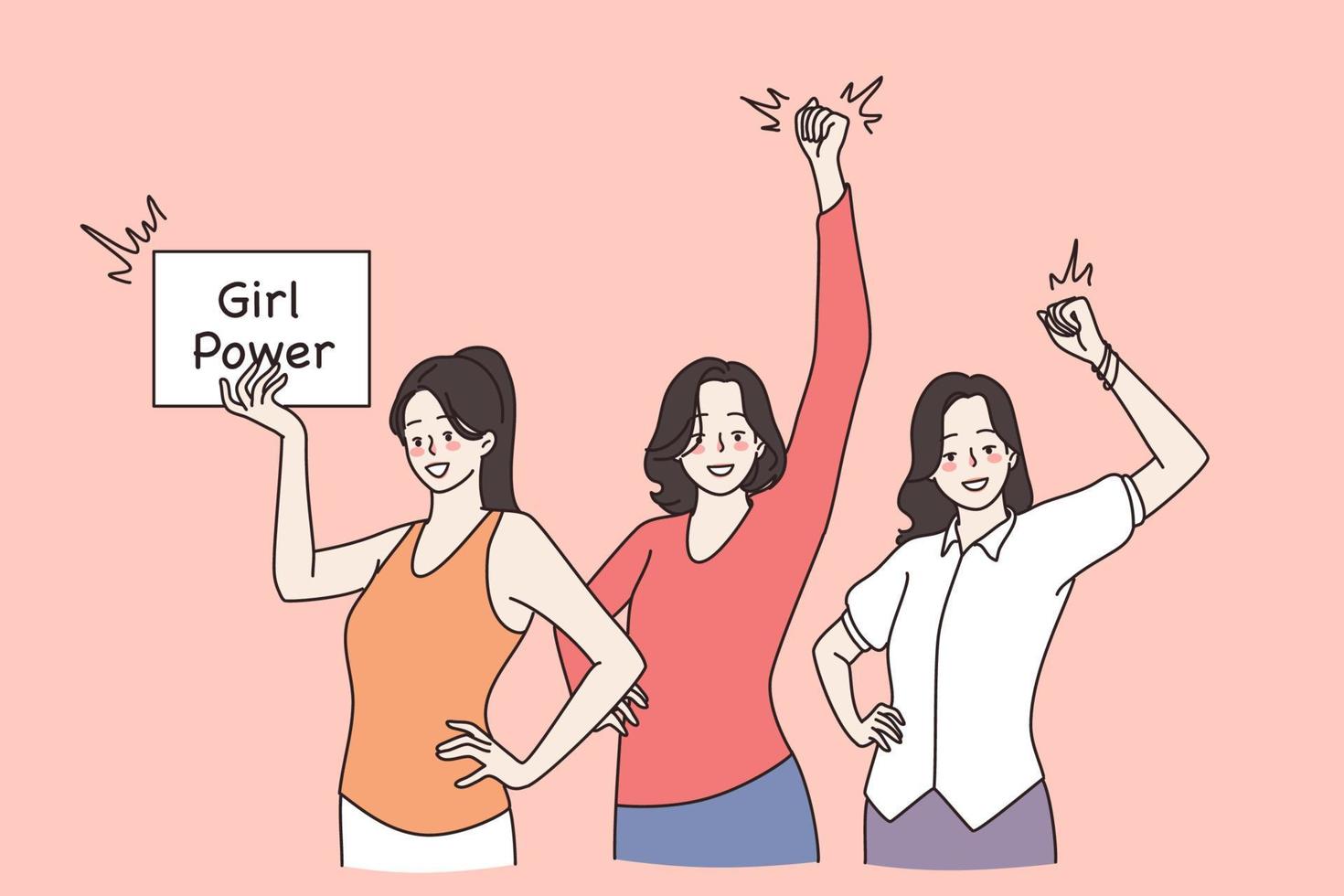 Girl power and feminism concept. Group of young smiling girls friends standing waving hands expressing power and strength vector illustration with sign