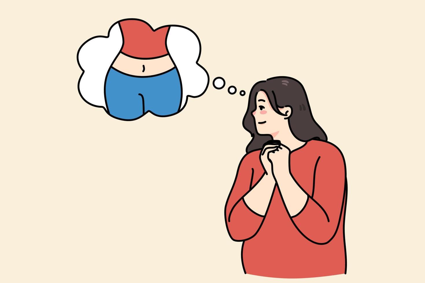 Fat woman with speech bubble with thin body picture in dream of toned slim figure. Obese overweight female imagine good shape. Diet and nutrition, obesity problem. Lose weight. Vector illustration.