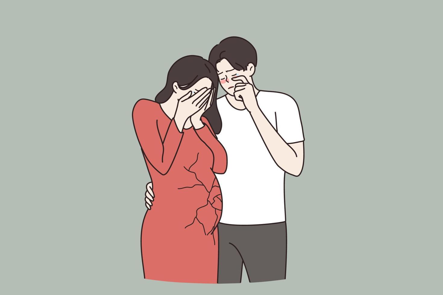 Miscarriage, pregnancy loss, abortion concept. Young sad unhappy couple standing woman crying loosing her child covering face with hands vector illustration