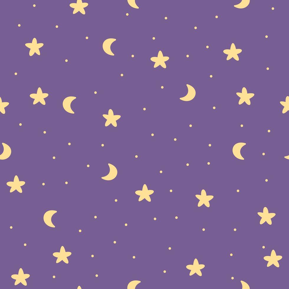 A cute seamless pattern with yellow stars and a moon on a purple background handdrawn vector