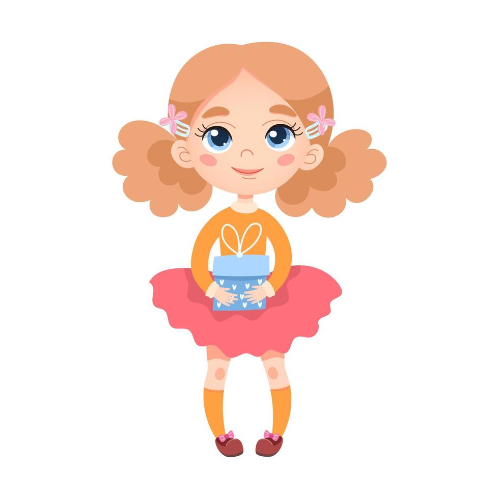 A cute girl with big eyes with blond hair and two tails in a pink dress holds a blue gift vector