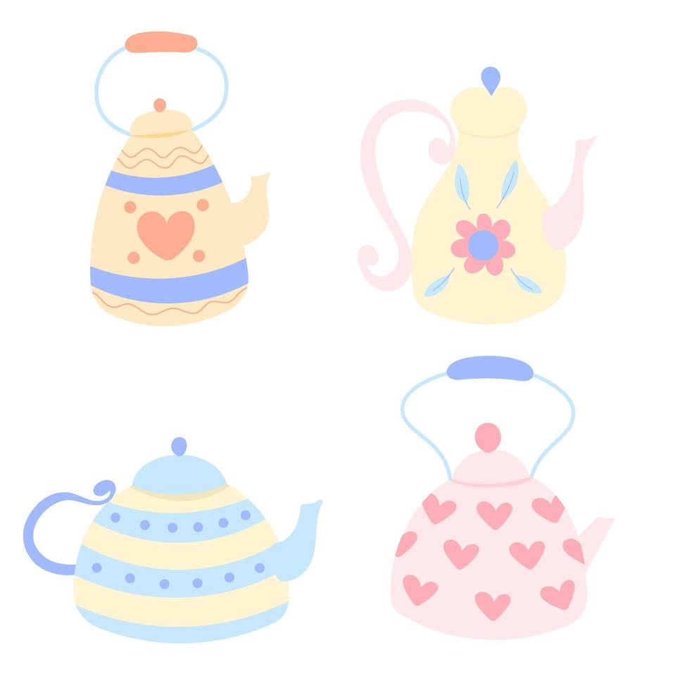 conjunto de cuatro linda dibujado a mano teteras, pastel colores vector