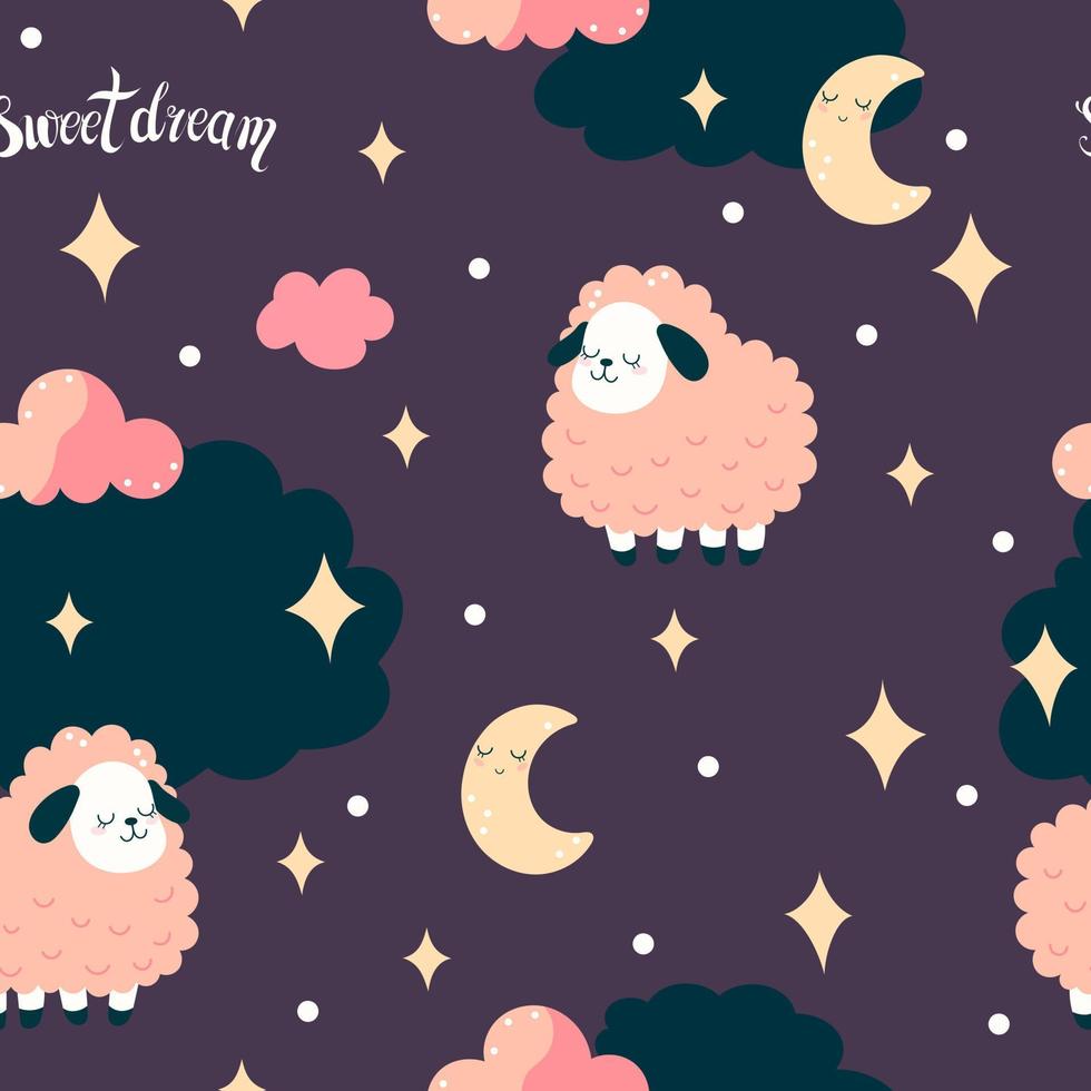 A cute seamless pattern with pink sheep, stars and clouds on a dark purple background vector