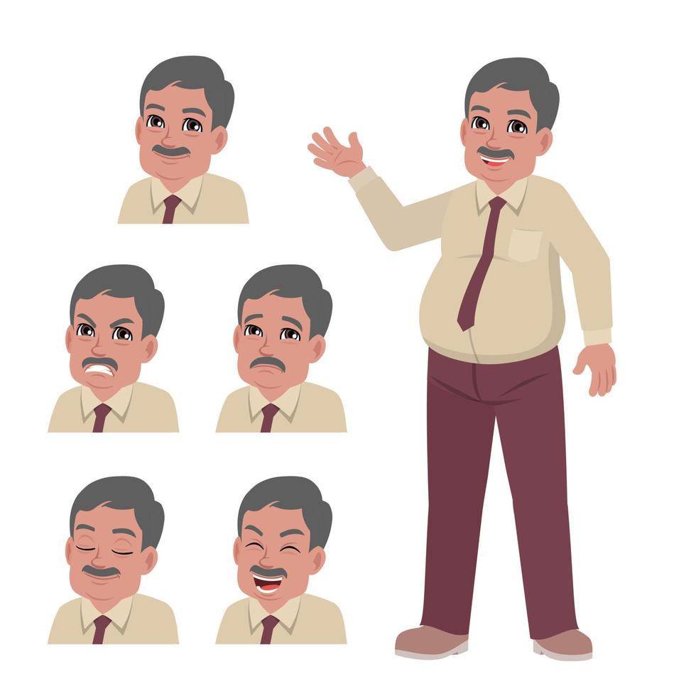 old man standing pose with set of face expression set vector