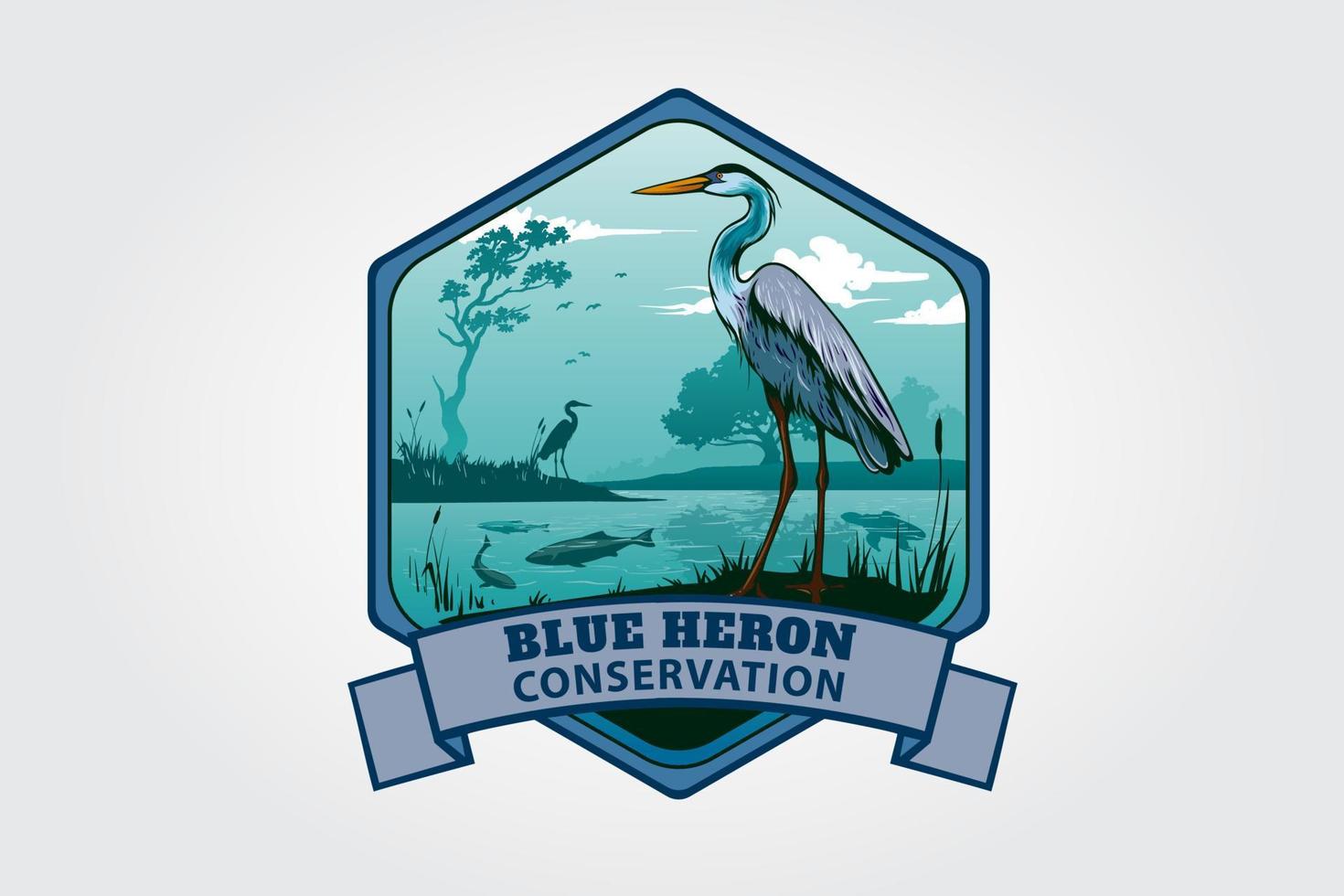 Blue Heron Conservation Vector Logo Illustration. This logo on a peaceful and blue exotic landscape.