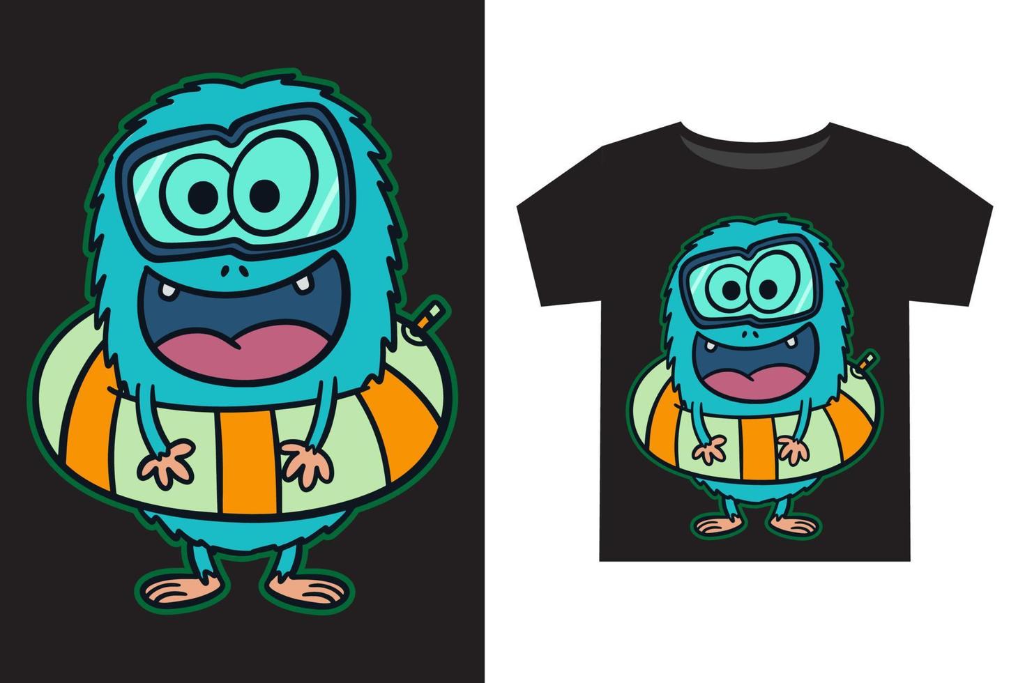 Hand drawn funny little monster with swim float illustration for kids t shirt design vector