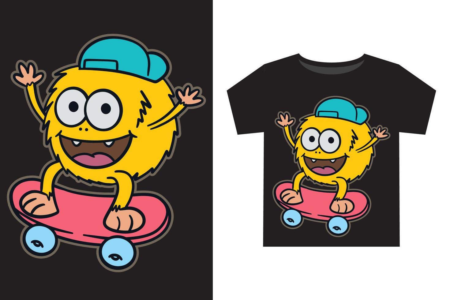 Hand drawn funny little monster with skateboard illustration for kids t shirt design vector